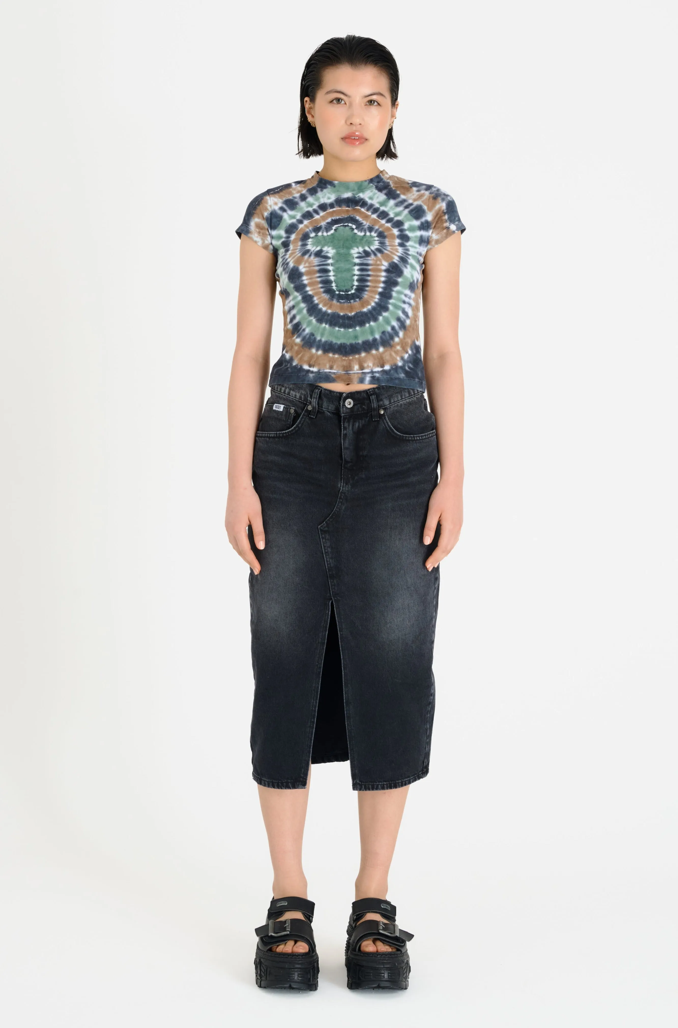 Washed Black Denim Midi Skirt Black