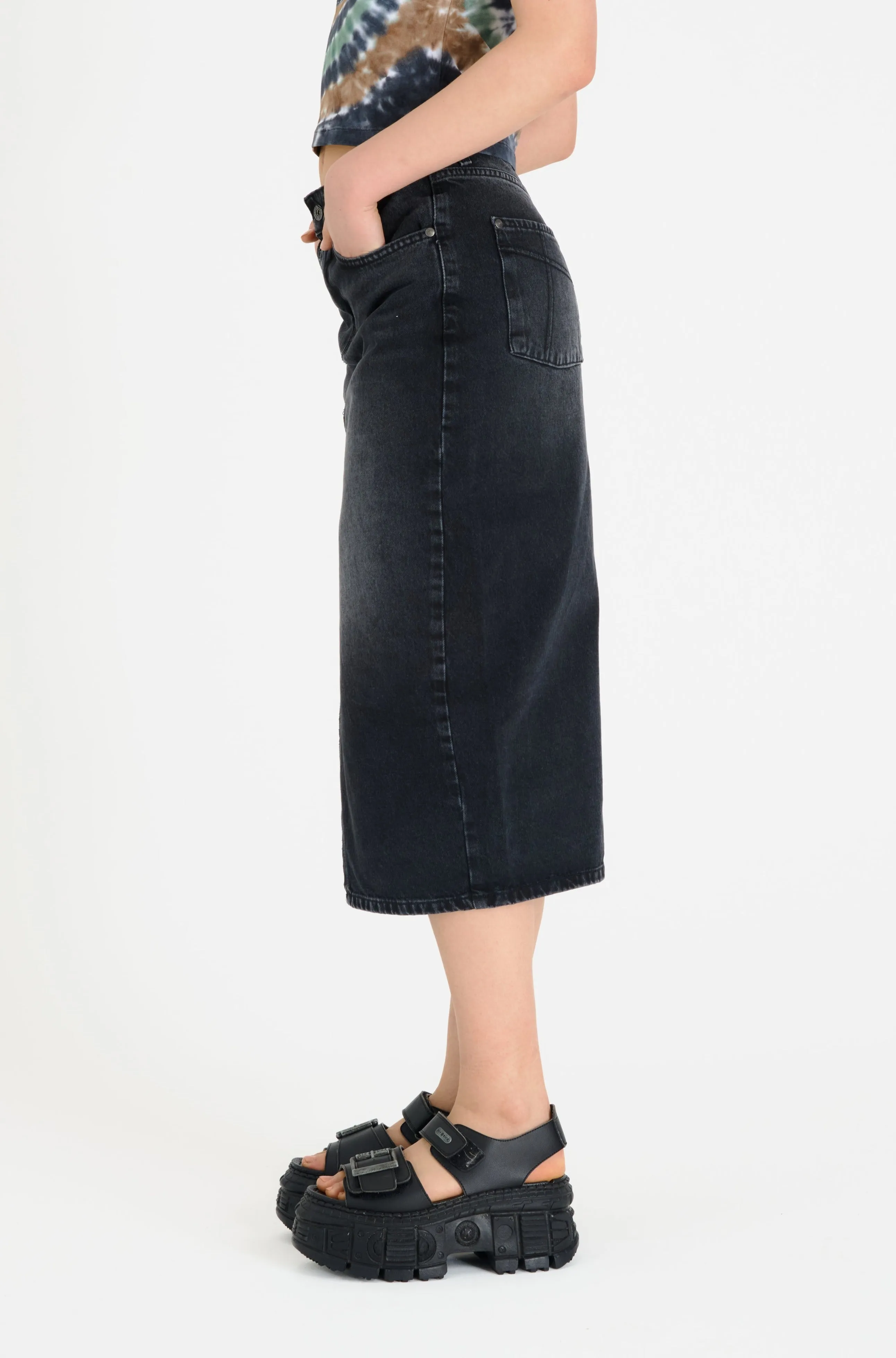 Washed Black Denim Midi Skirt Black
