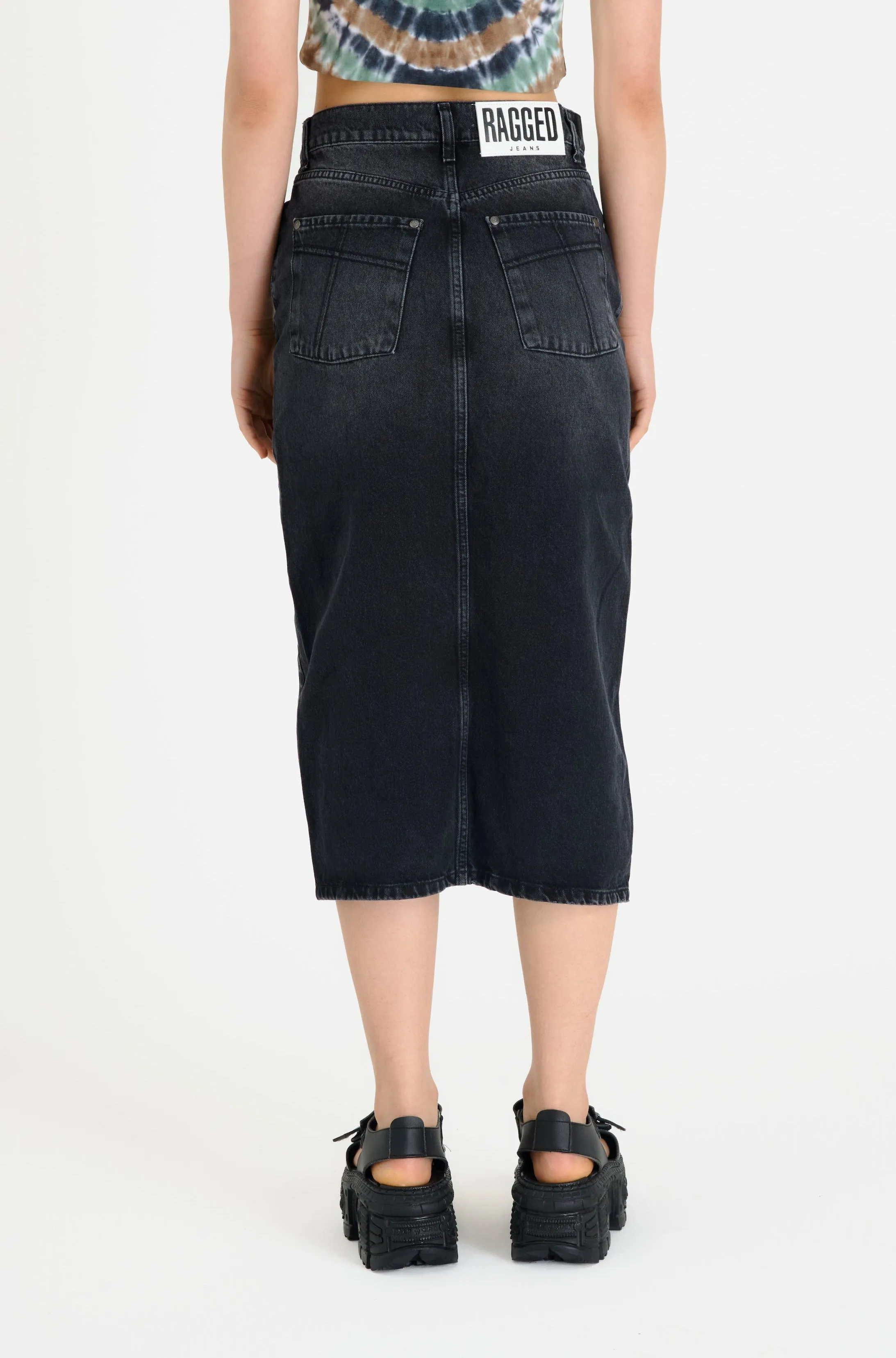Washed Black Denim Midi Skirt Black