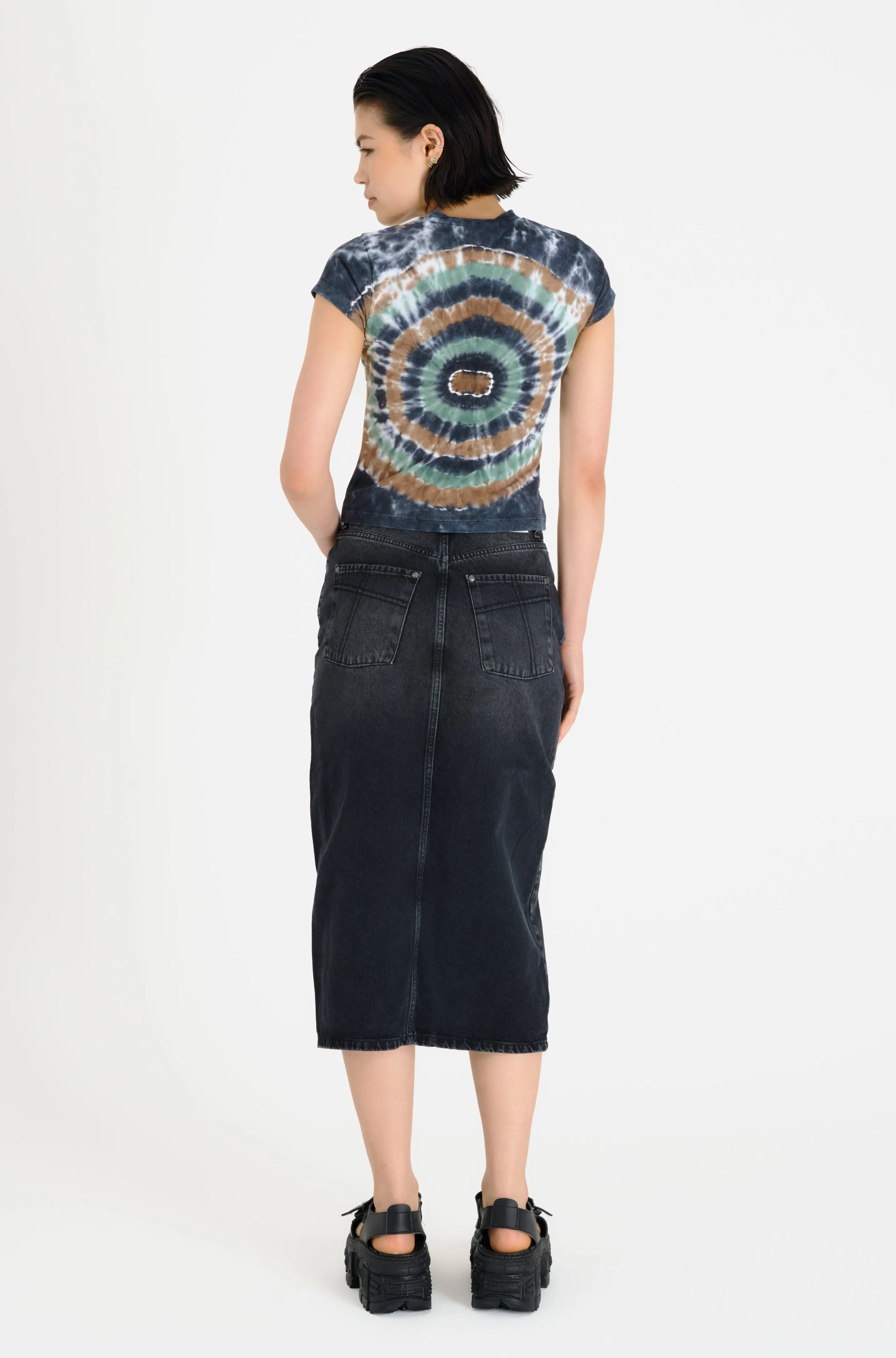 Washed Black Denim Midi Skirt Black