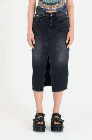 Washed Black Denim Midi Skirt Black