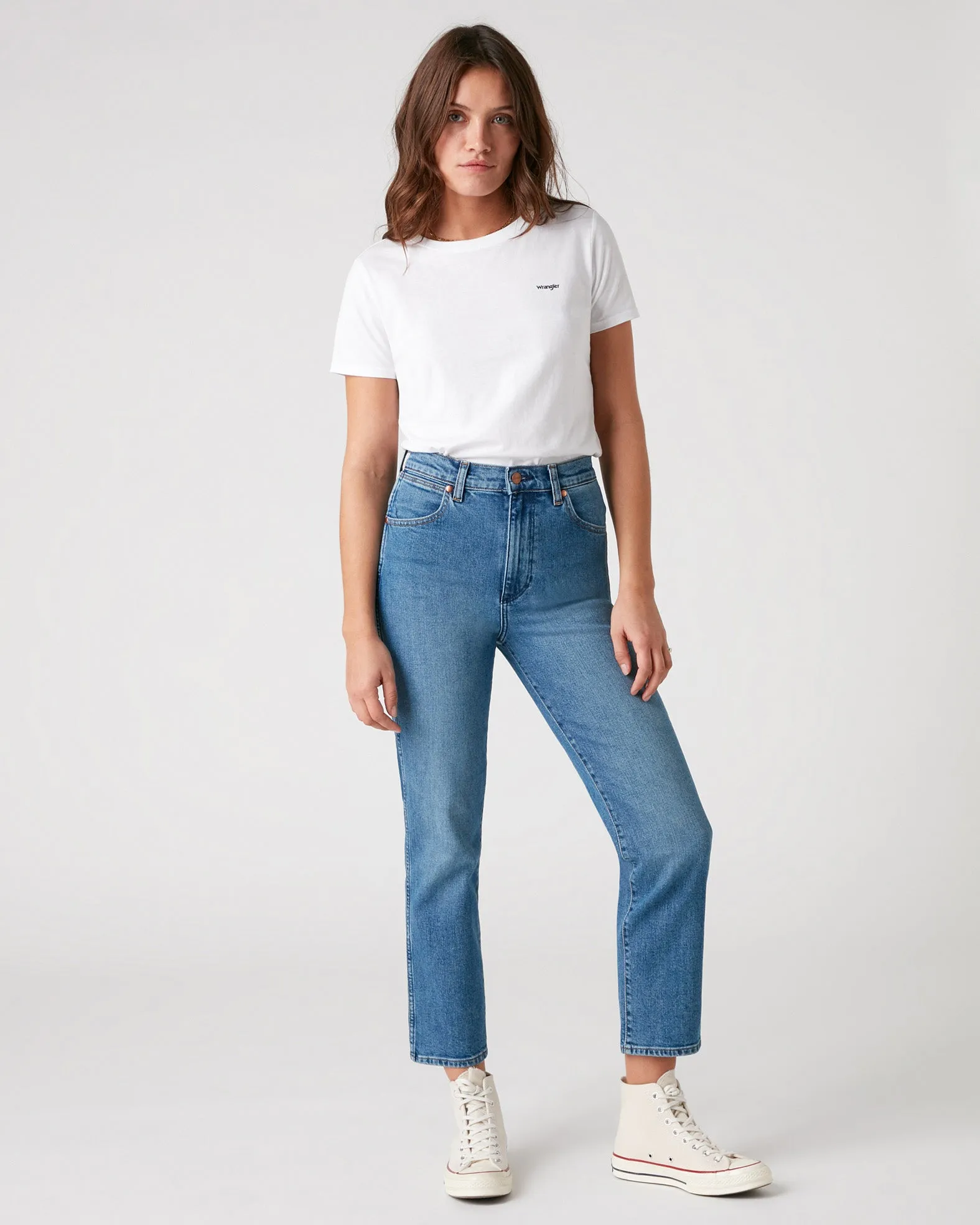 Wrangler Womens Wild West High Rise Straight Cropped Jeans - Mid Blue